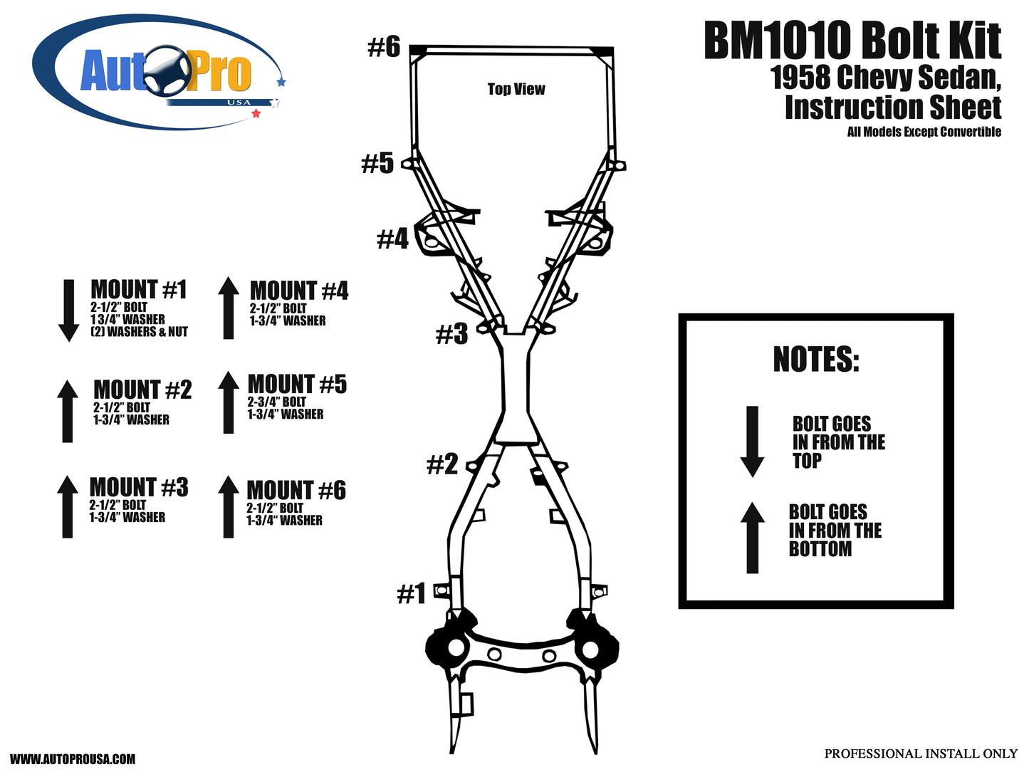 1958 Chevy Full Size Sedan & Hard Top Body Mount Set, BM1010