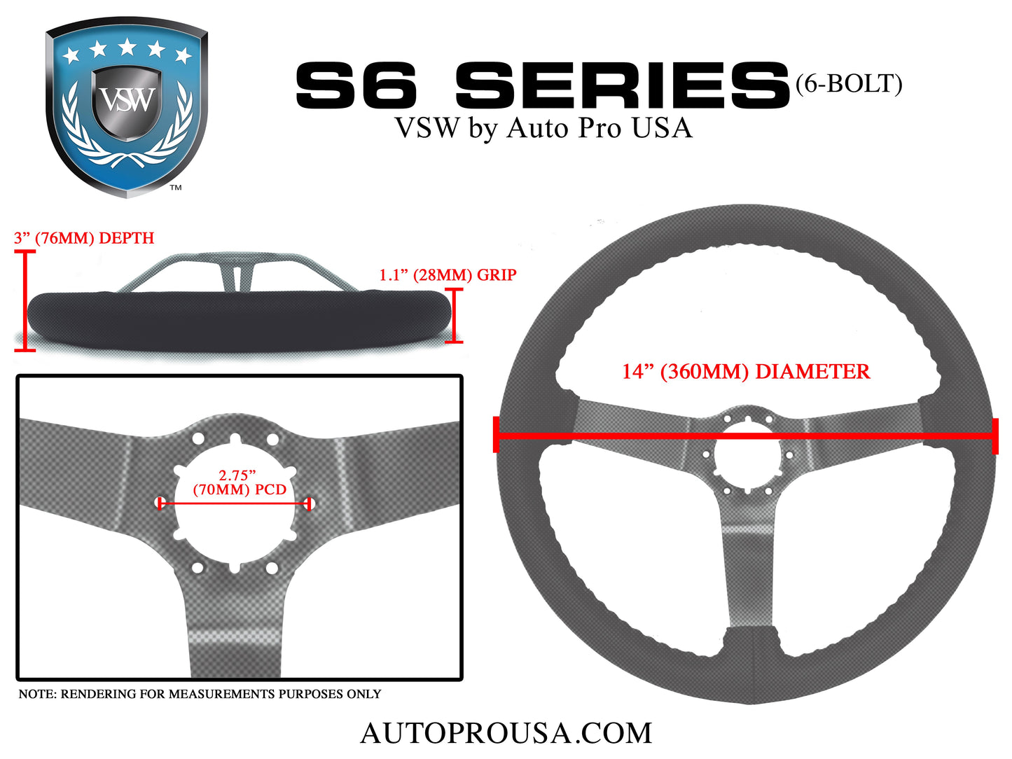 VSW 14" Black Leather Steering Wheel, 6 Bolt Black Step Spoke ST3029BLK