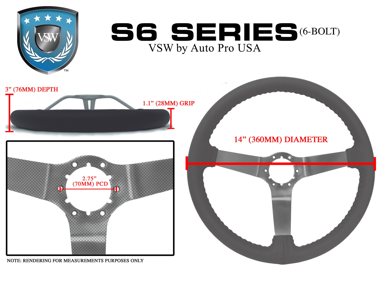 VSW 14" Black Leather Steering Wheel, 6 Bolt Stainless Steel Step Spoke ST3041BLK