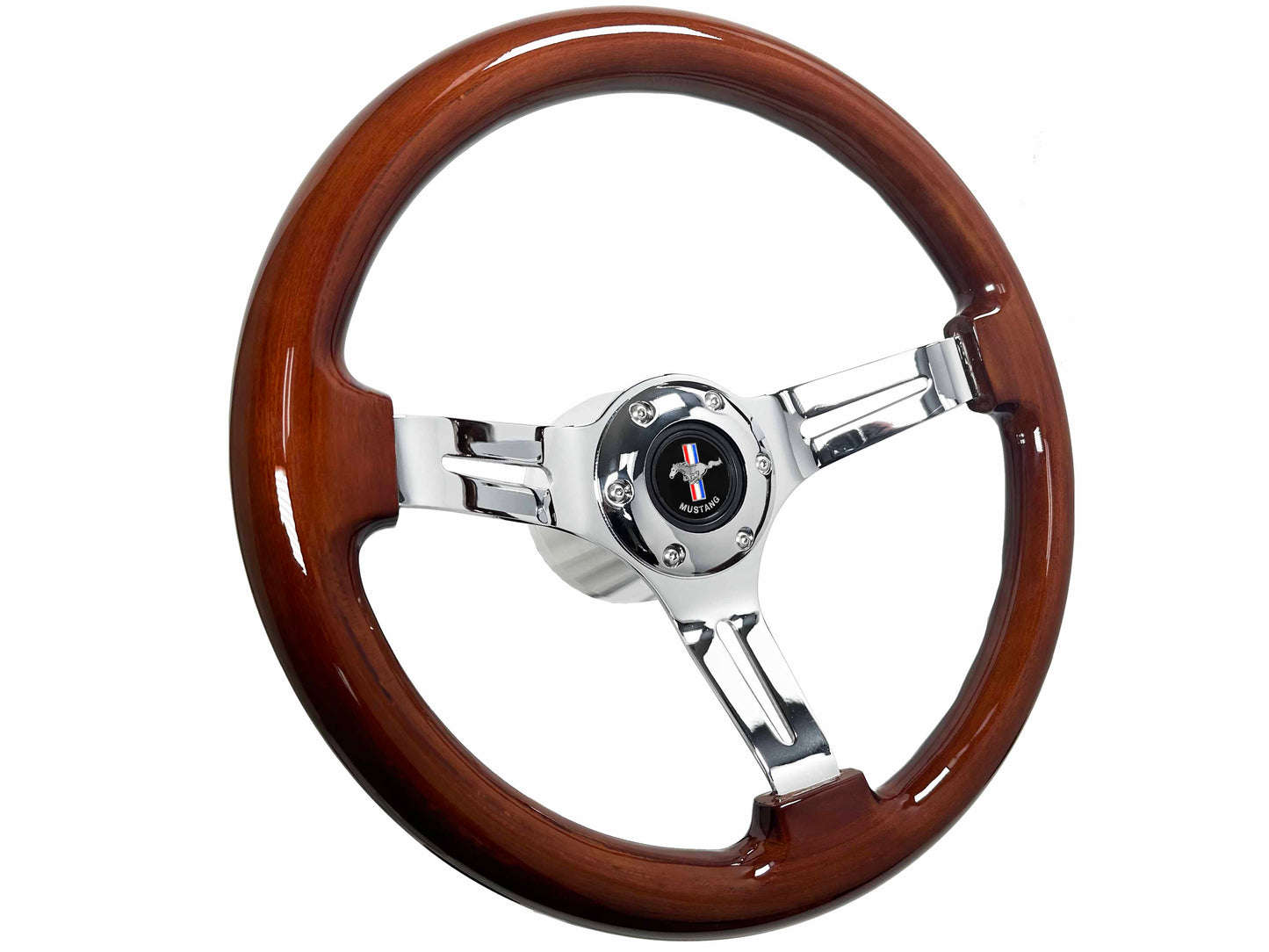 Ford Mustang 14" Mahogany Wood Steering Wheel 6-Bolt, Chrome