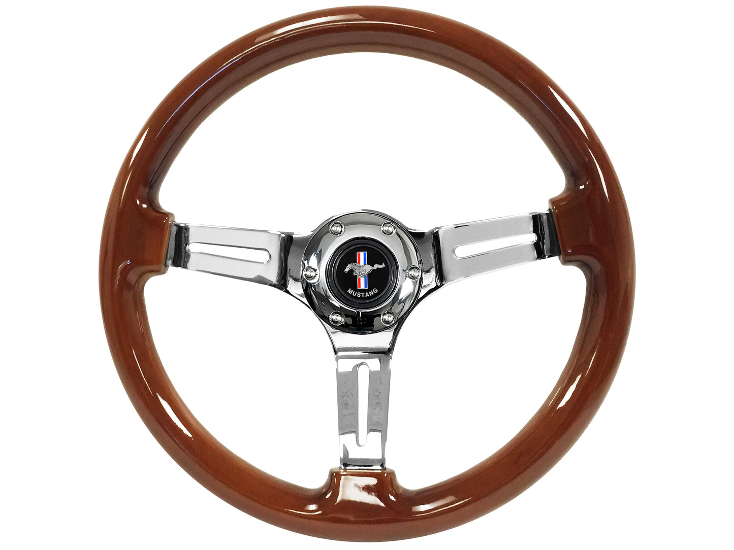 Ford Mustang 14" Mahogany Wood Steering Wheel 6-Bolt, Chrome