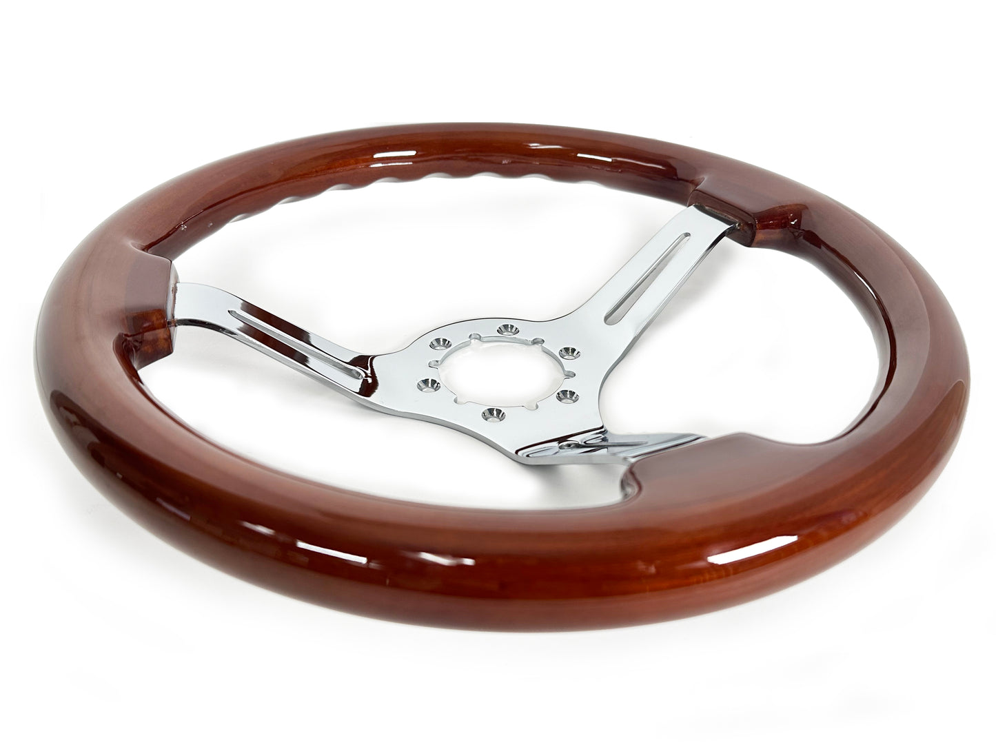 Ford Mustang 14" Mahogany Wood Steering Wheel 6-Bolt, Chrome