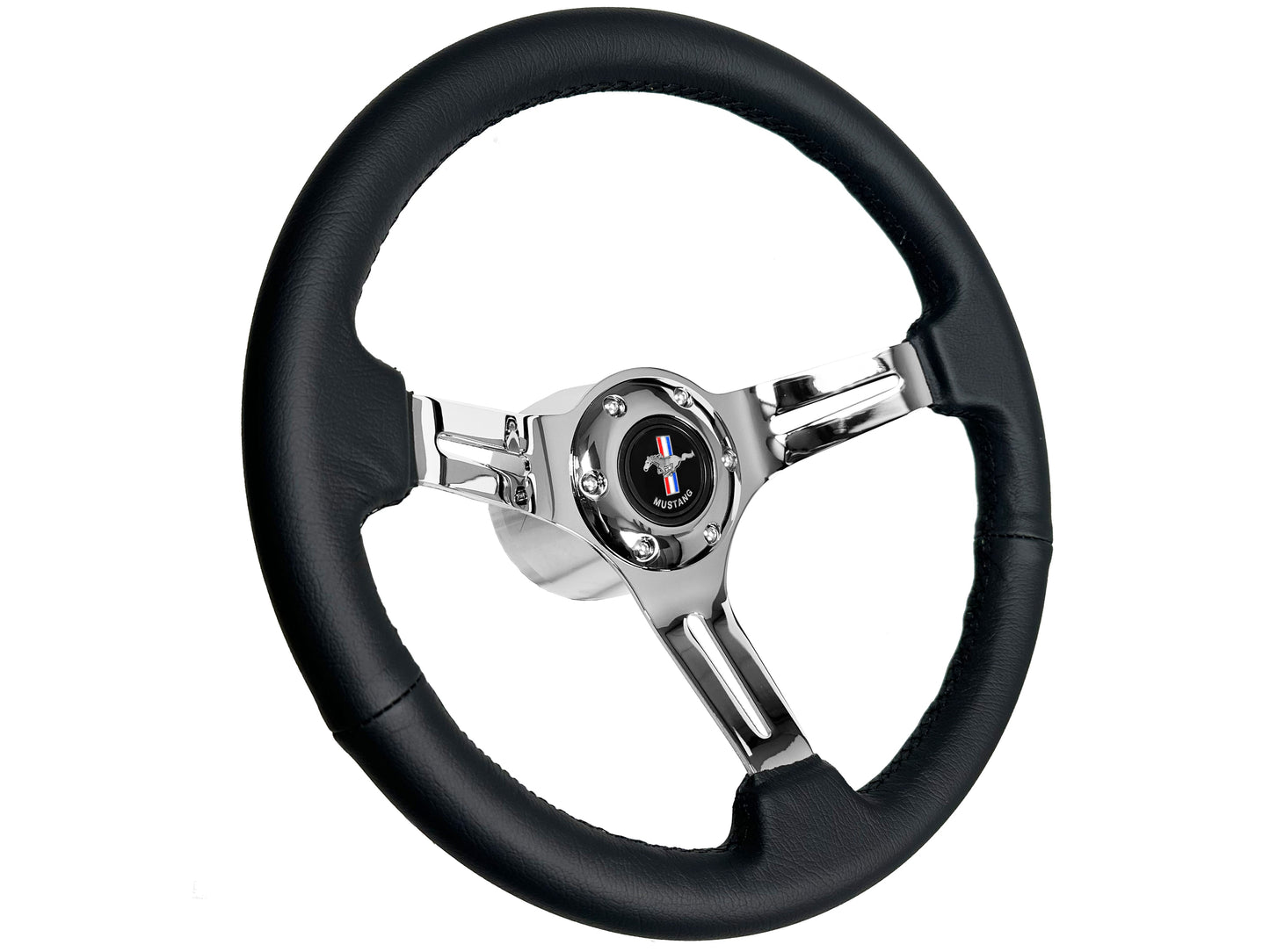 Ford Mustang 14" Black Leather Steering Wheel 6-Bolt, Chrome