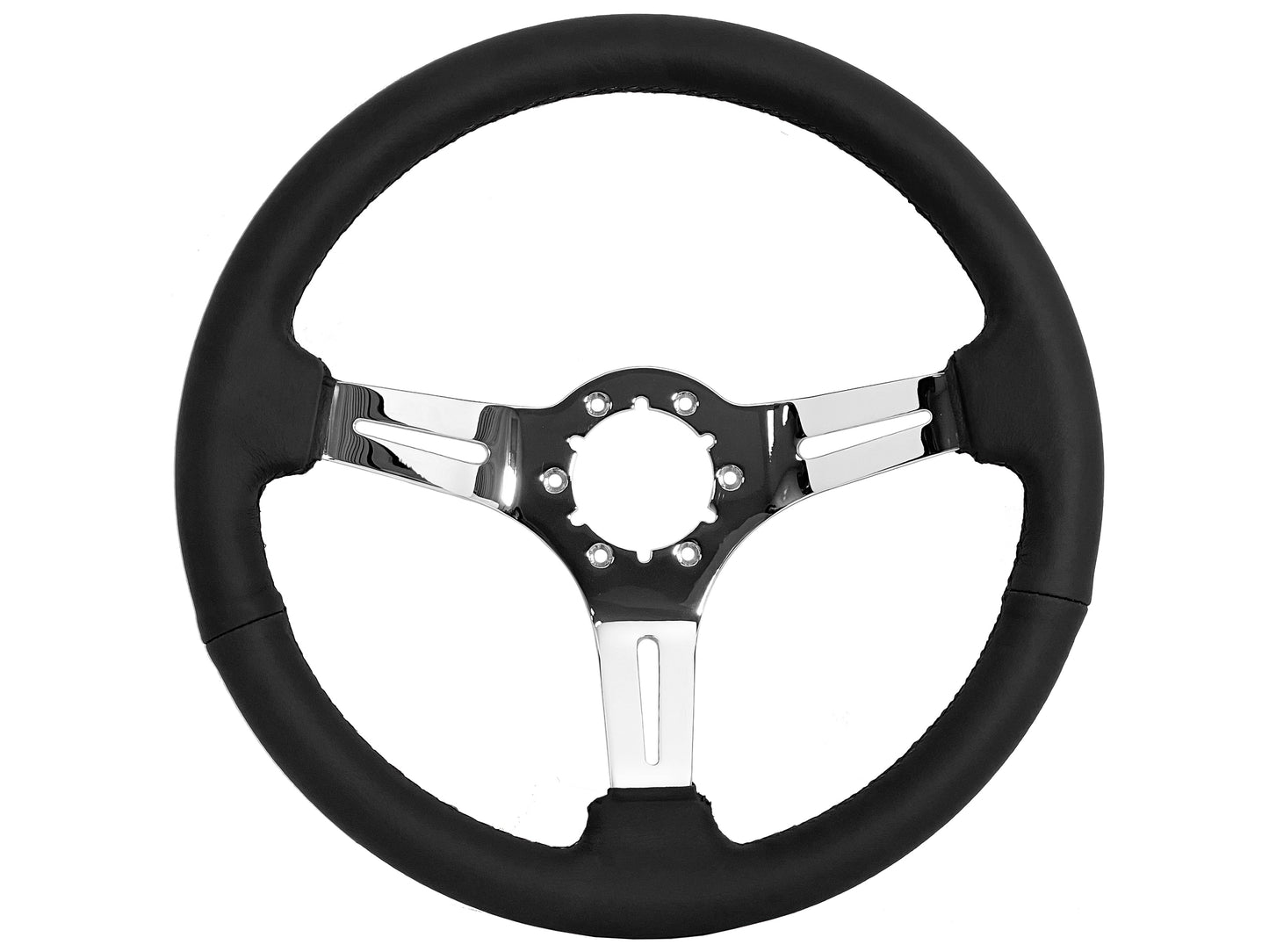VSW 14" Black Leather Steering Wheel, 6-Bolt Chrome Spokes ST3012BLK