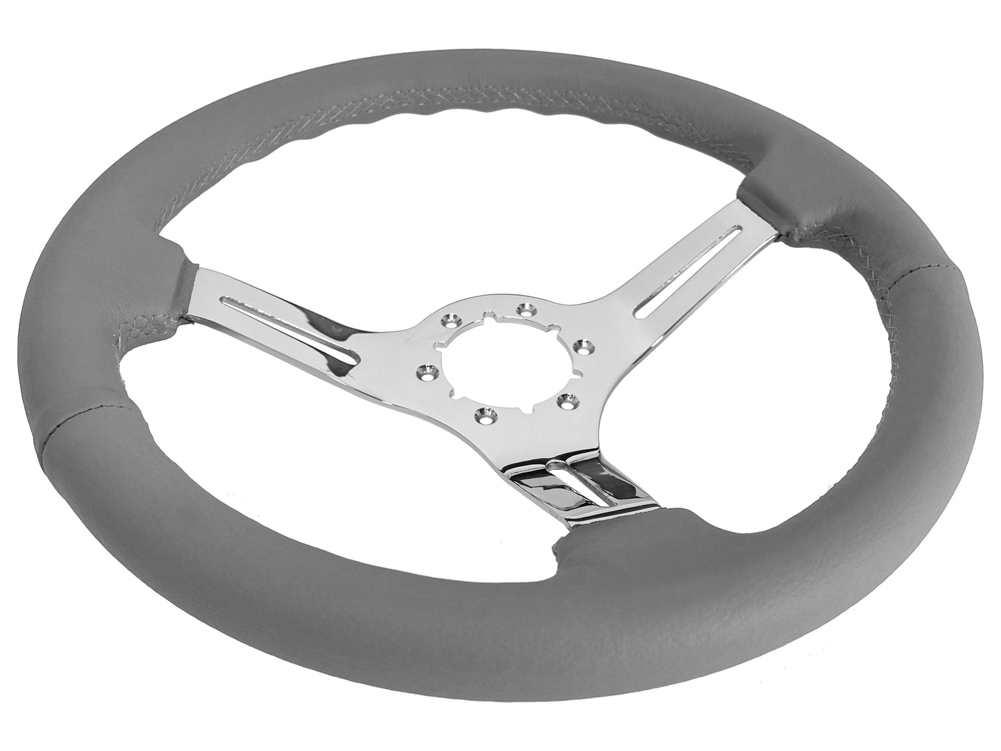 VSW 14" Gray Leather Steering Wheel, 6-Bolt Chrome Spokes ST3012GRY