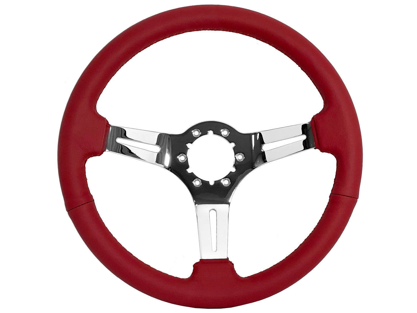 VSW 14" Red Leather Steering Wheel, 6-Bolt Chrome Spokes ST3012RED