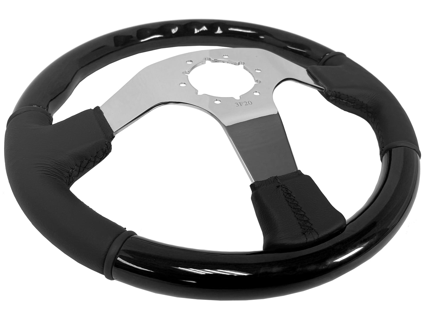 VSW 14" Black Ash Wood / Leather Steering Wheel, 6 Bolt Chrome Spokes ST3019