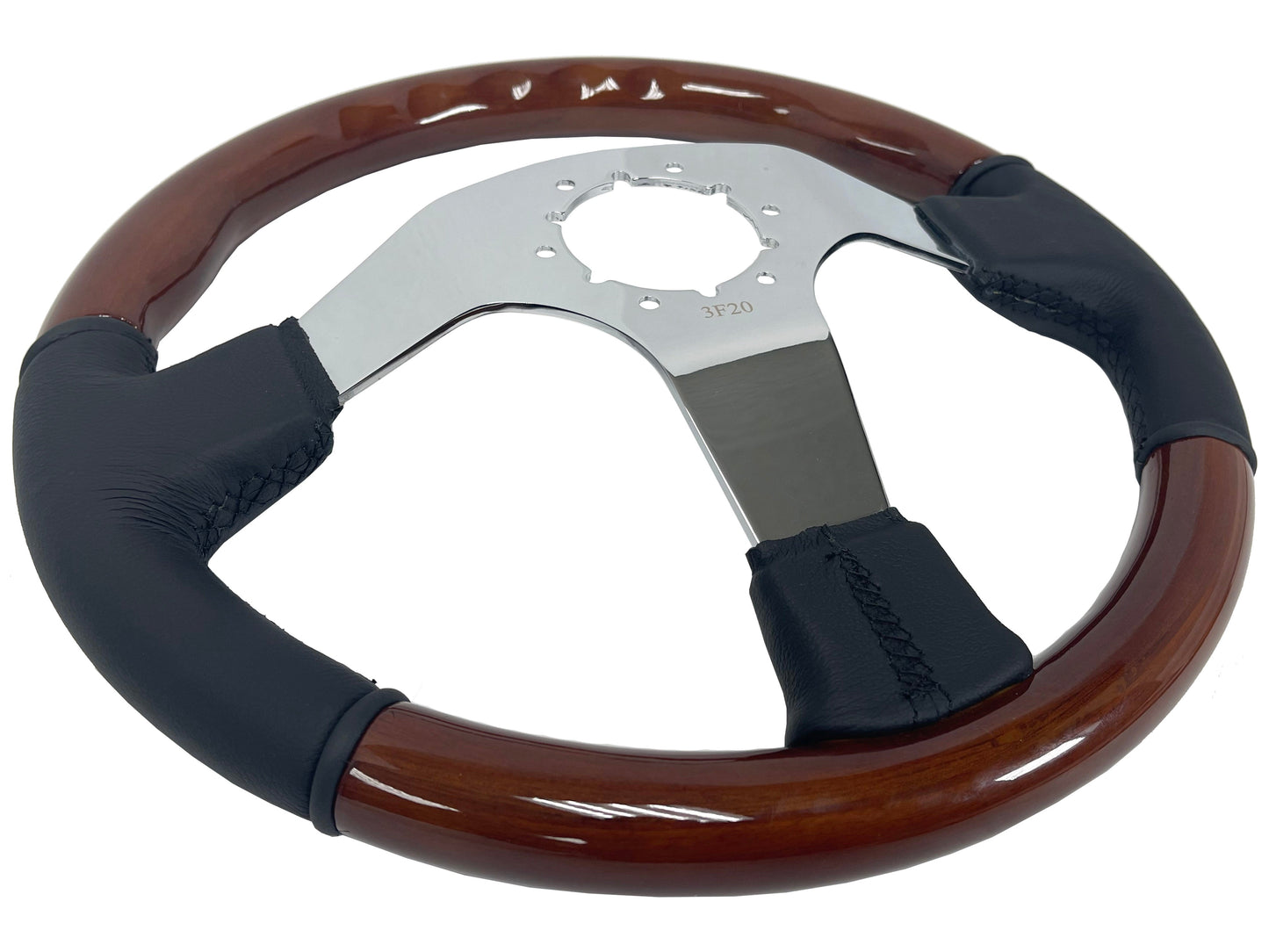 VSW 14" Mahogany / Leather Steering Wheel, 6 Bolt Chrome Spokes ST3019