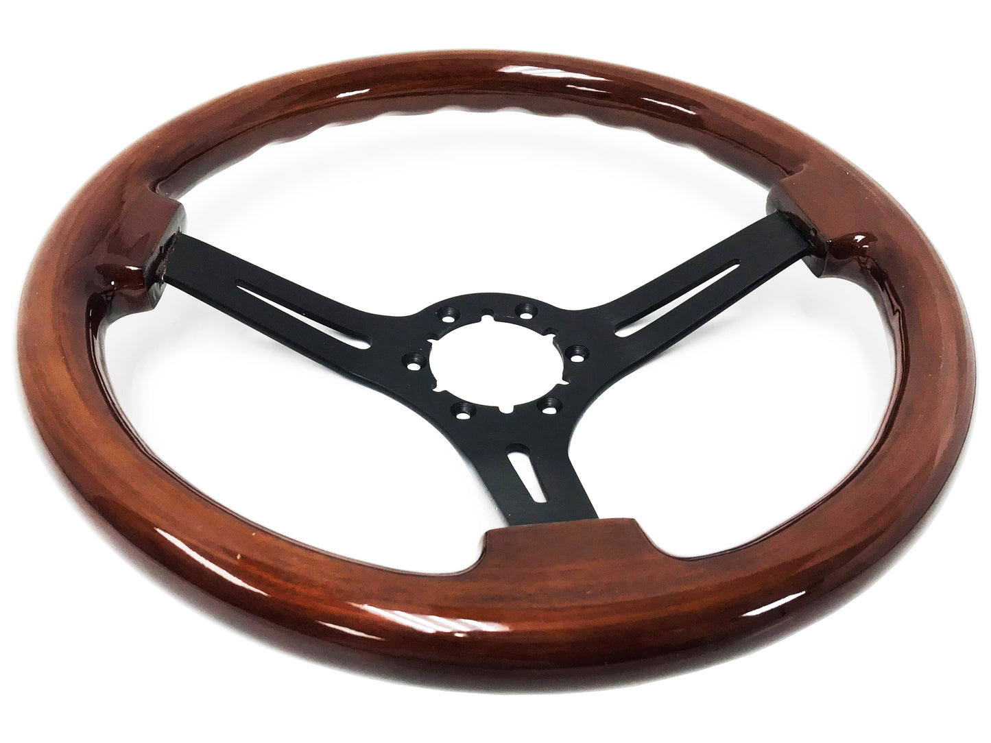 VSW 14" Mahogany Wood Steering Wheel, 6 Bolt Black Spokes ST3027