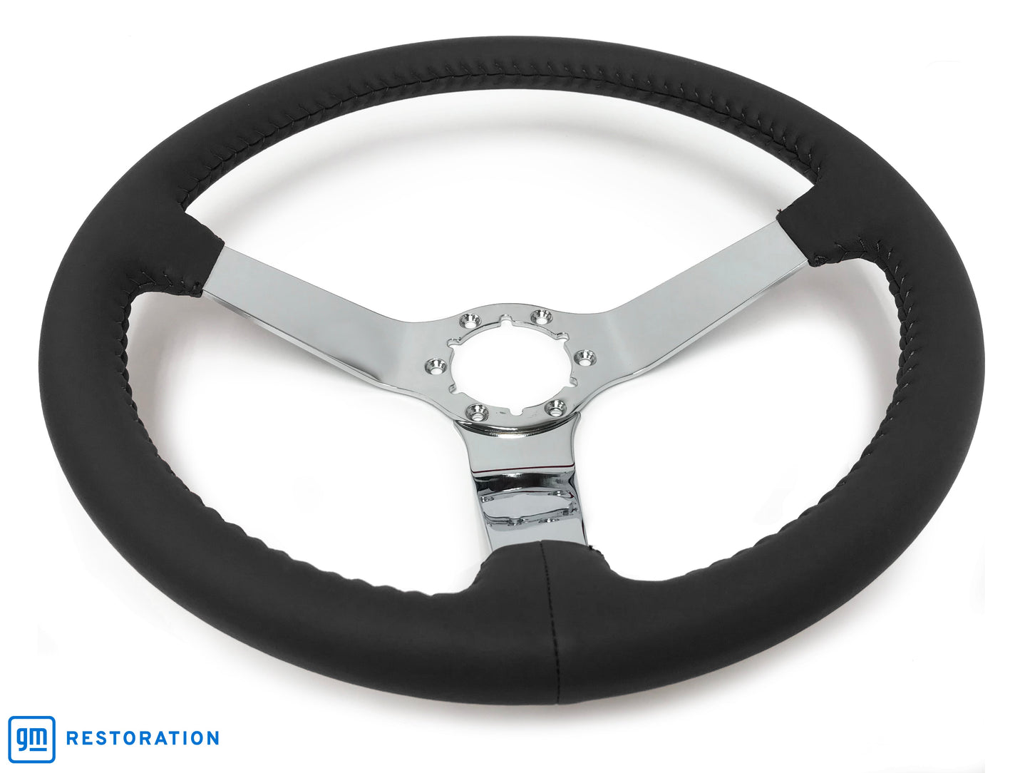 VSW 14" Black Leather Steering Wheel, 6 Bolt Chrome Step Spoke ST3040BLK