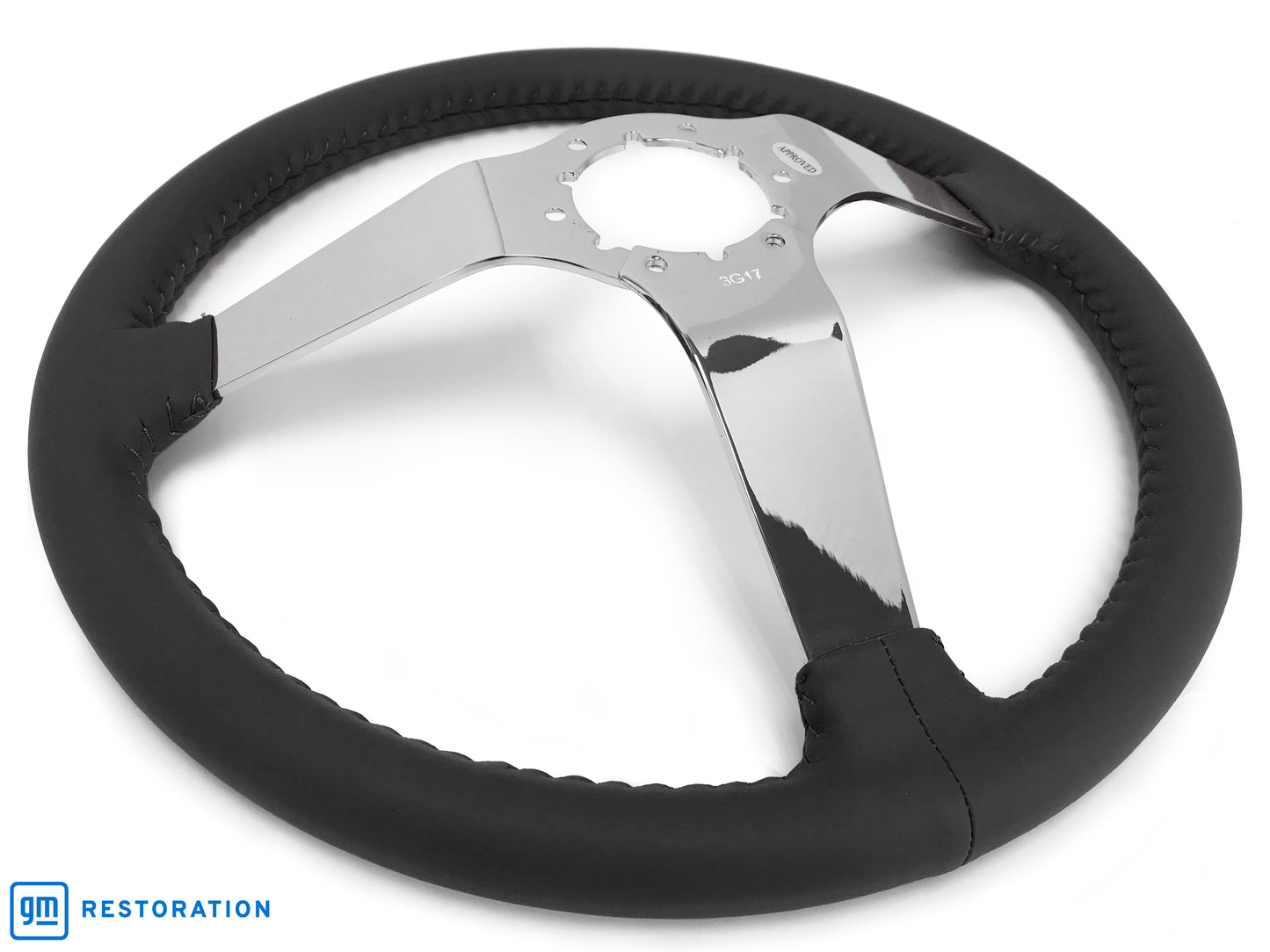VSW 14" Black Leather Steering Wheel, 6 Bolt Chrome Step Spoke ST3040BLK
