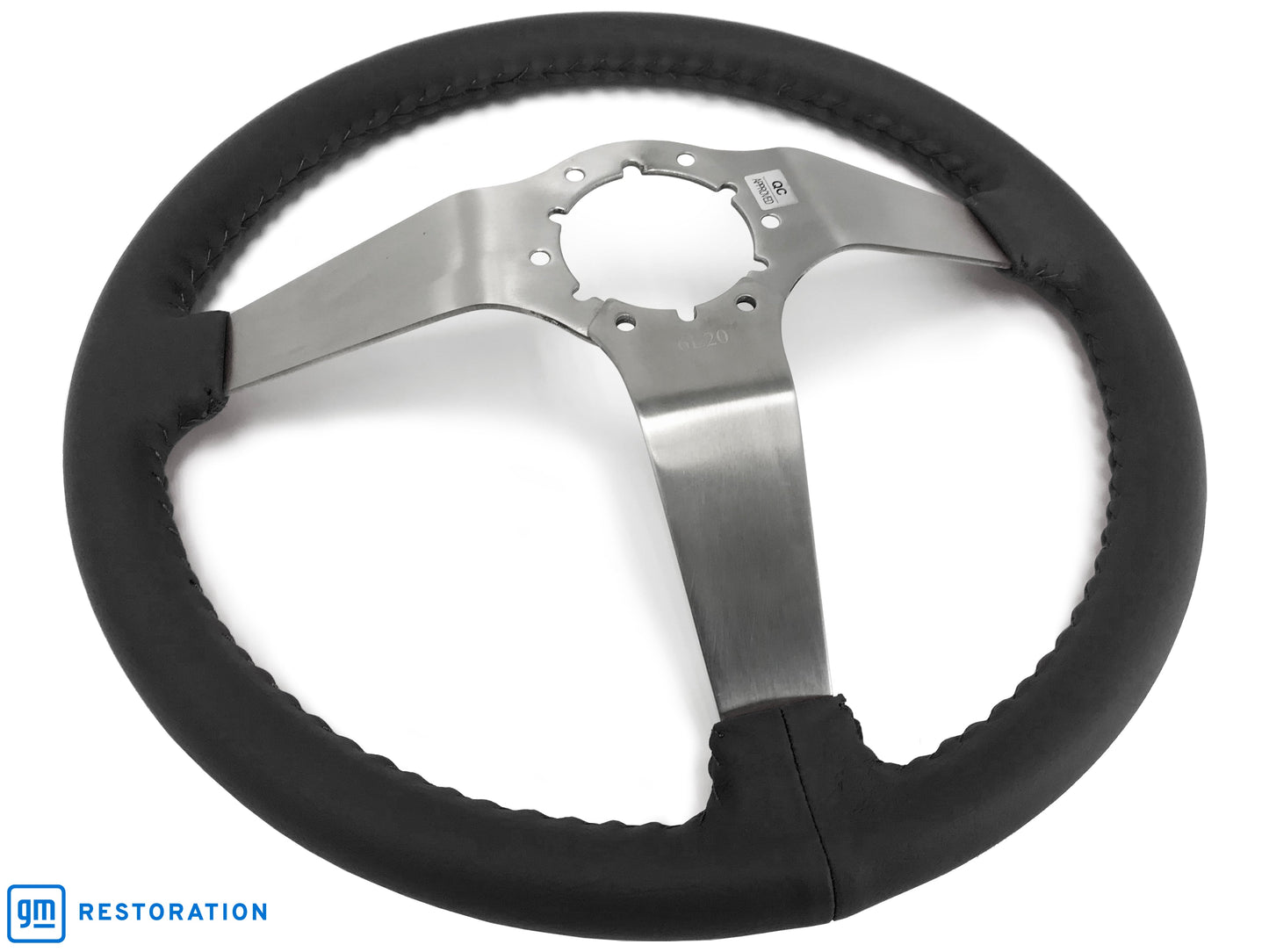 VSW 14" Black Leather Steering Wheel, 6 Bolt Stainless Steel Step Spoke ST3041BLK