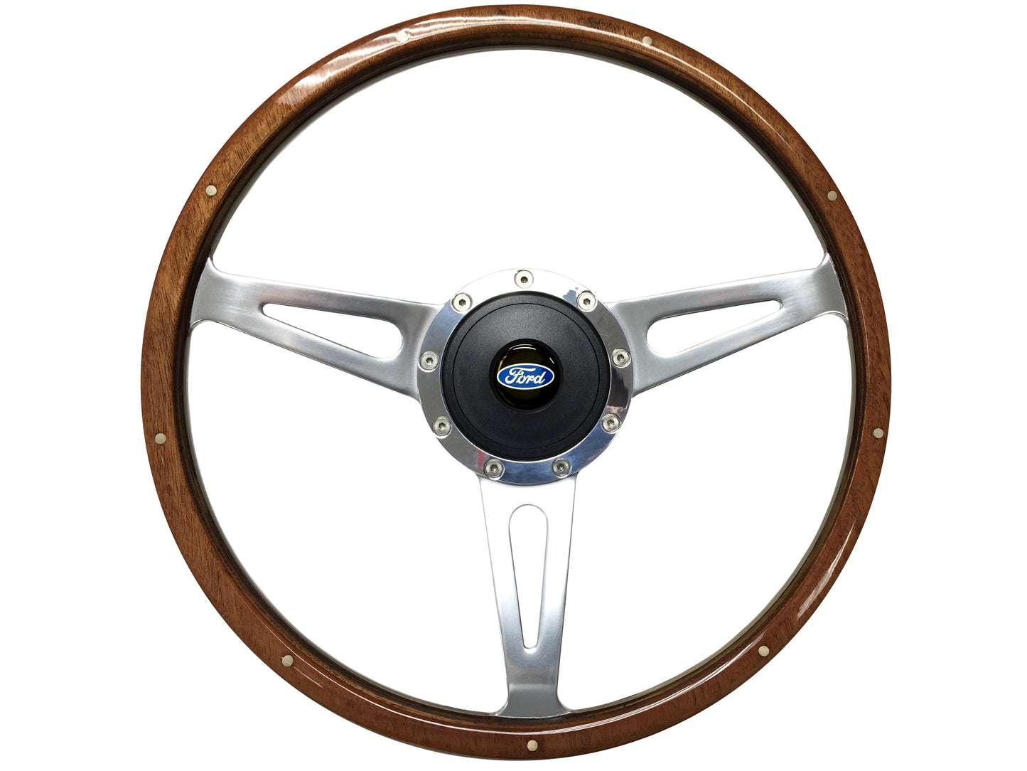 Ford 15" Walnut Wood Steering Wheel 9-Bolt, Billet Aluminum