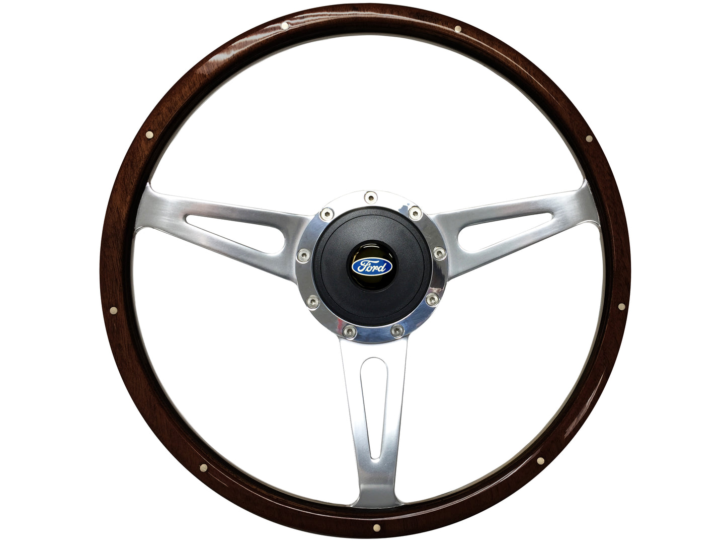 Ford 15" Espresso Stained Wood Steering Wheel 9-Bolt, Billet Aluminum