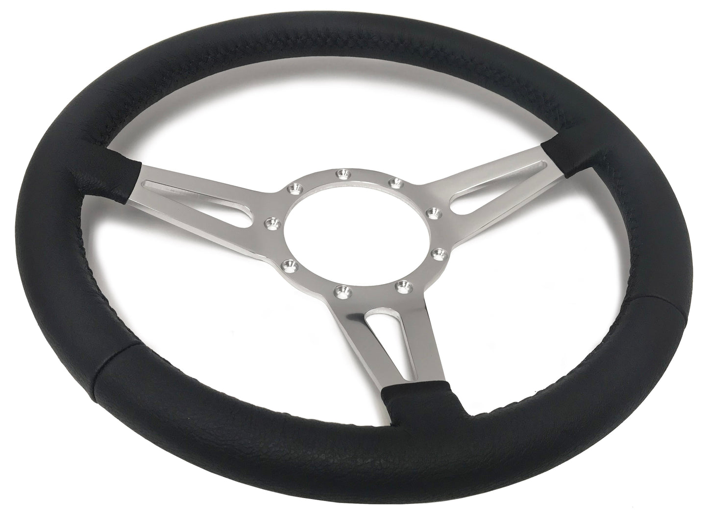 VSW 14" Black Leather Steering Wheel, 9-Bolt Billet Aluminum Spokes ST3059