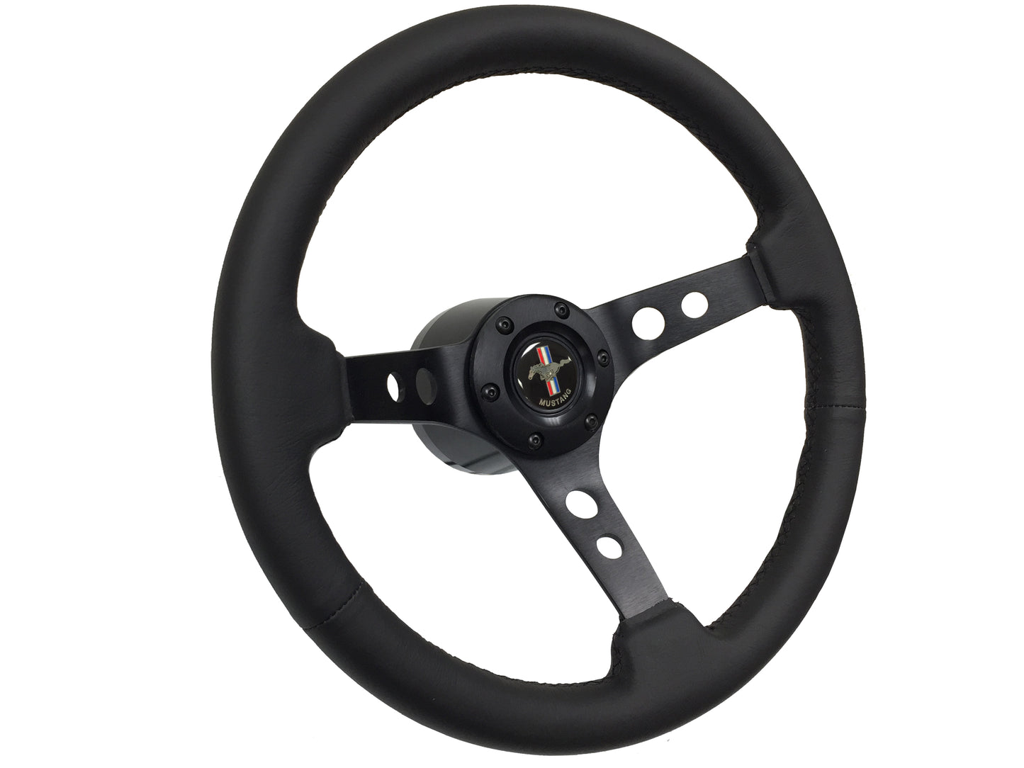 Ford Mustang 14" Black Leather Steering Wheel 6-Bolt, Black Aluminum