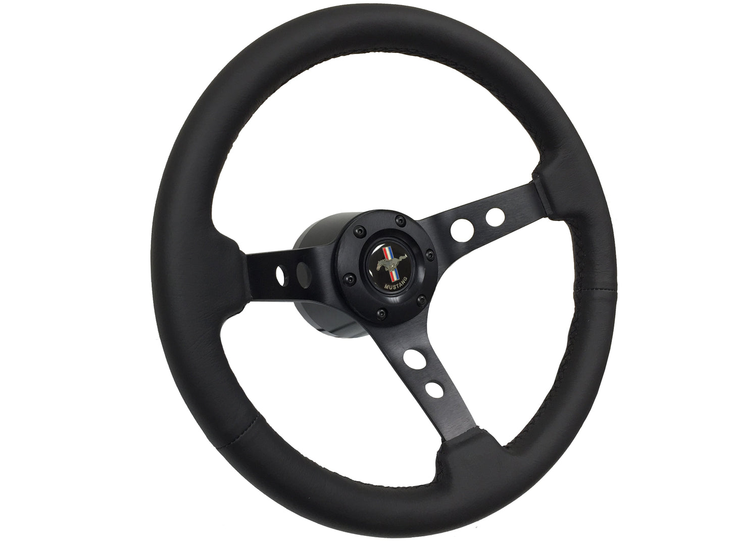 Ford Mustang 14" Black Leather Steering Wheel 6-Bolt, Black Aluminum