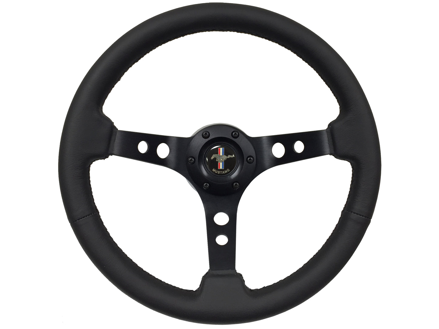 Ford Mustang 14" Black Leather Steering Wheel 6-Bolt, Black Aluminum