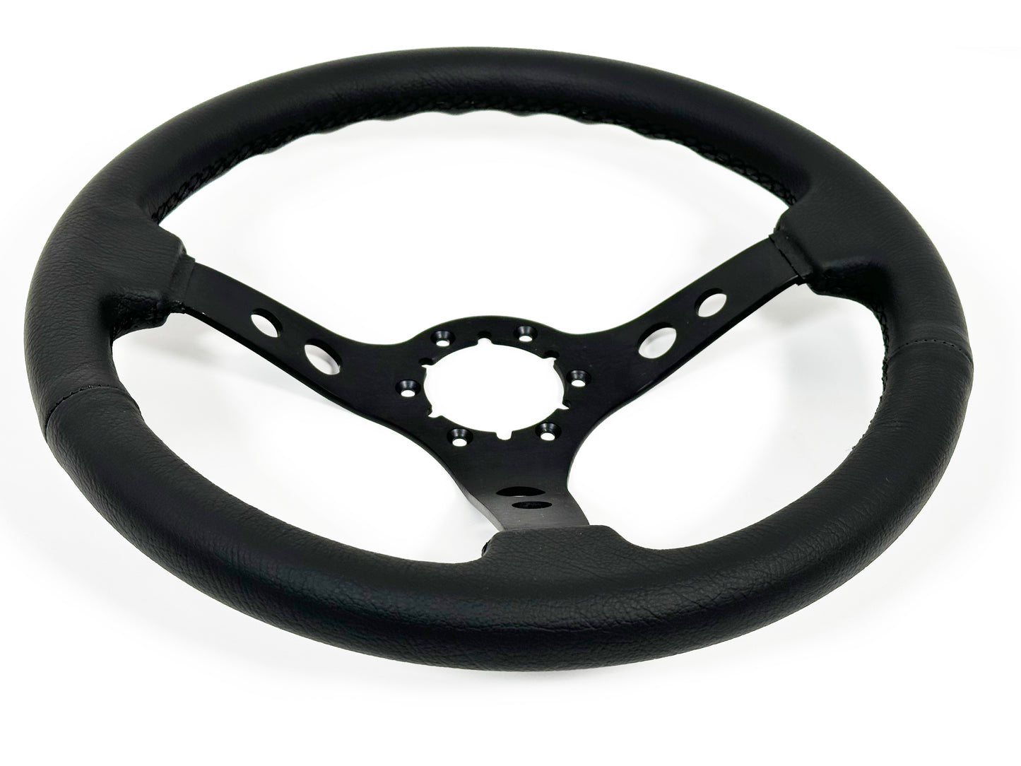 Ford Mustang 14" Black Leather Steering Wheel 6-Bolt, Black Aluminum