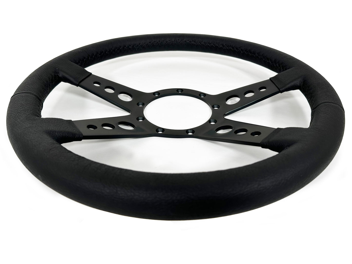 VSW 14" Black Leather Steering Wheel, 9-Bolt Black Spokes ST3171