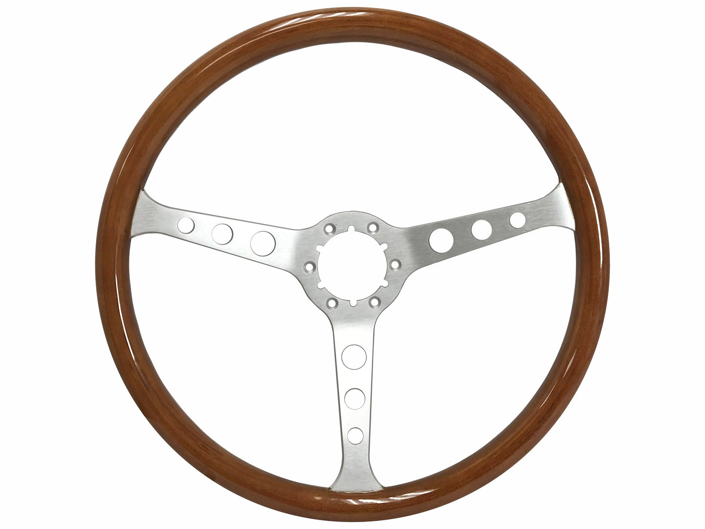 VSW 15” Classic Walnut Wood Steering Wheel, 6-Bolt Brushed Spokes ST3578