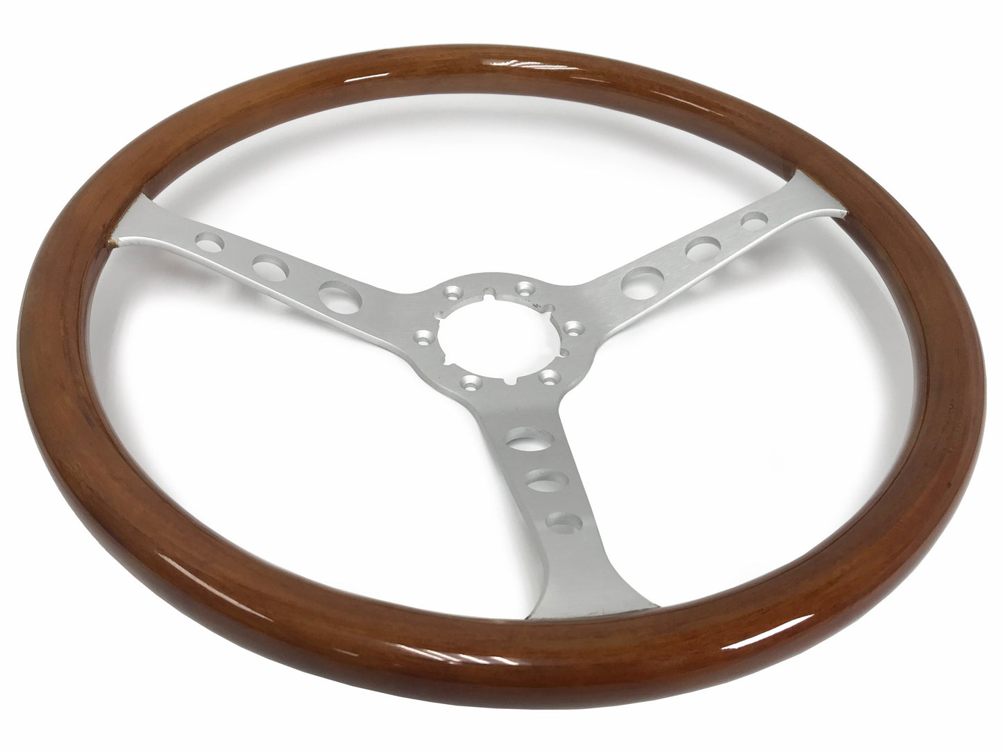 VSW 15” Classic Walnut Wood Steering Wheel, 6-Bolt Brushed Spokes ST3578