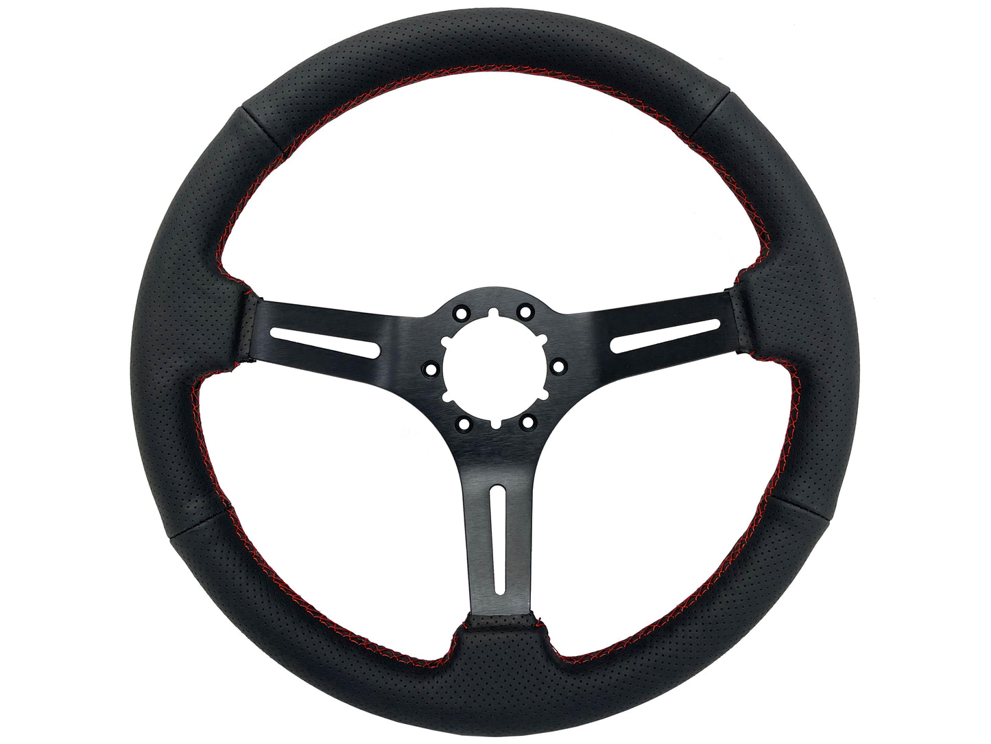 VSW 14" Black Perforated Leather Steering Wheel with Red Stitch, 6-Bolt Black Spokes ST3586RED