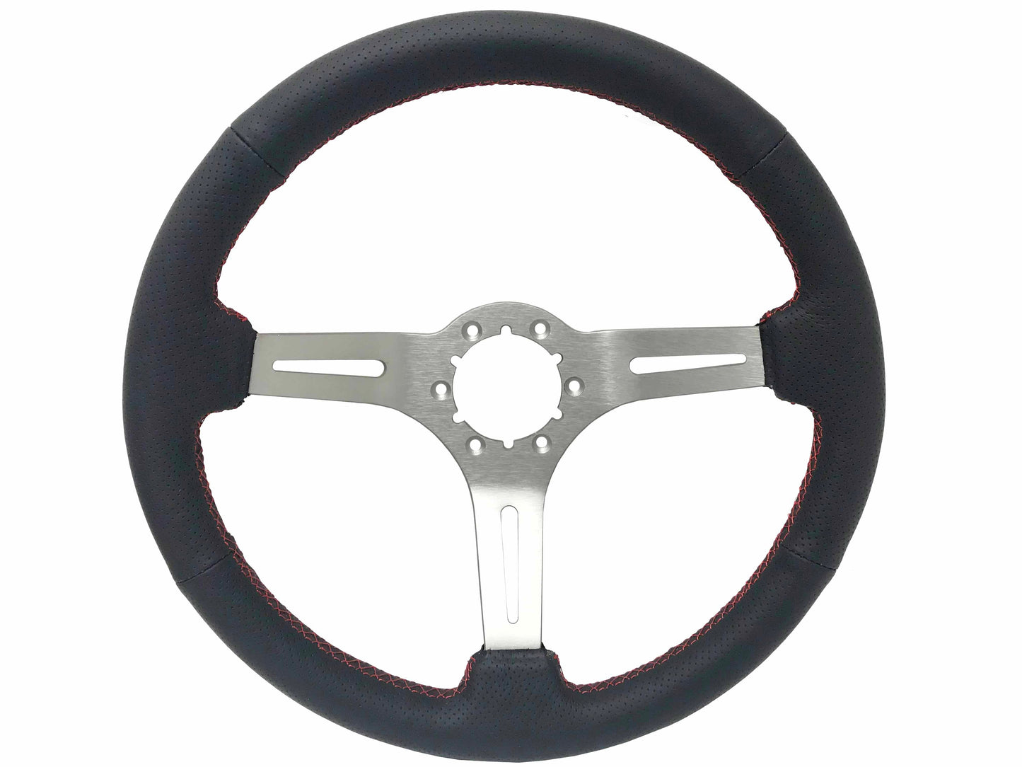 VSW 14" Black Perforated Leather Steering Wheel with Red Stitch, 6-Bolt Brushed Spokes ST3587BLK-RED
