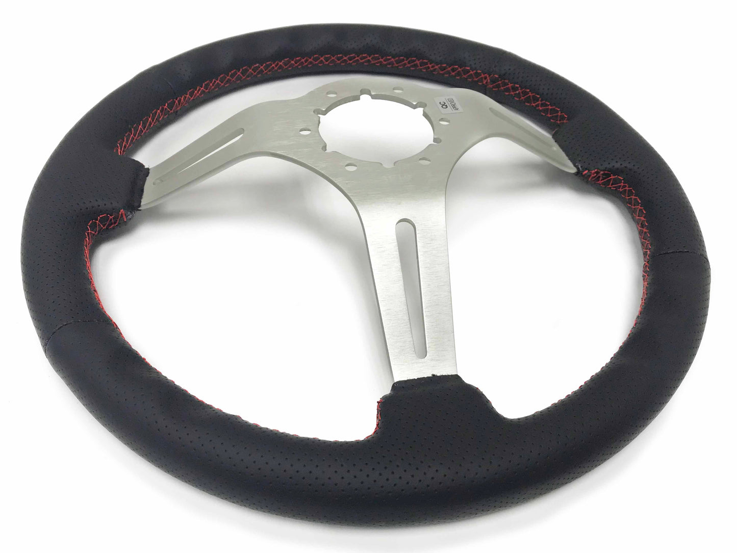 VSW 14" Black Perforated Leather Steering Wheel with Red Stitch, 6-Bolt Brushed Spokes ST3587BLK-RED