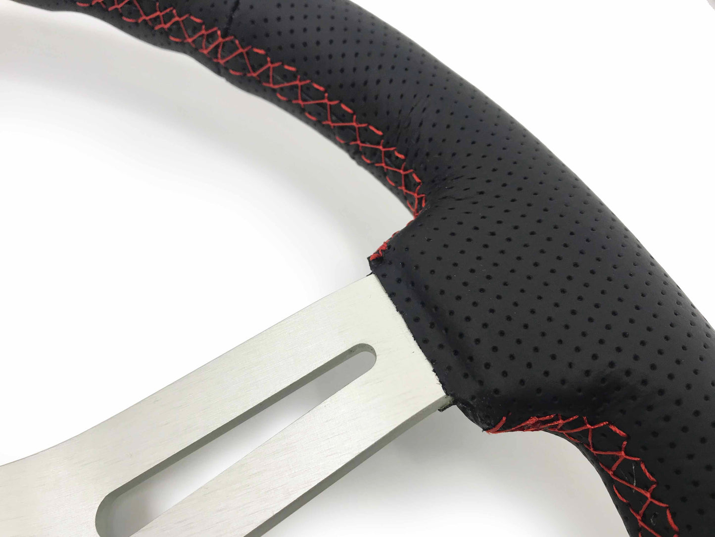 VSW 14" Black Perforated Leather Steering Wheel with Red Stitch, 6-Bolt Brushed Spokes ST3587BLK-RED