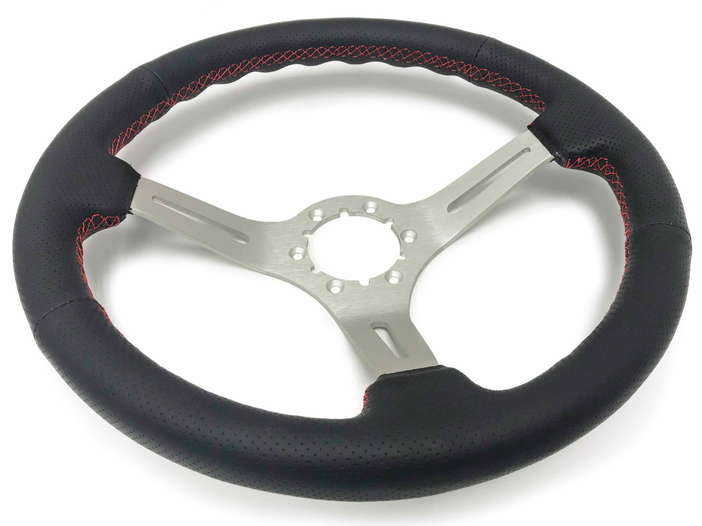 VSW 14" Black Perforated Leather Steering Wheel with Red Stitch, 6-Bolt Brushed Spokes ST3587BLK-RED