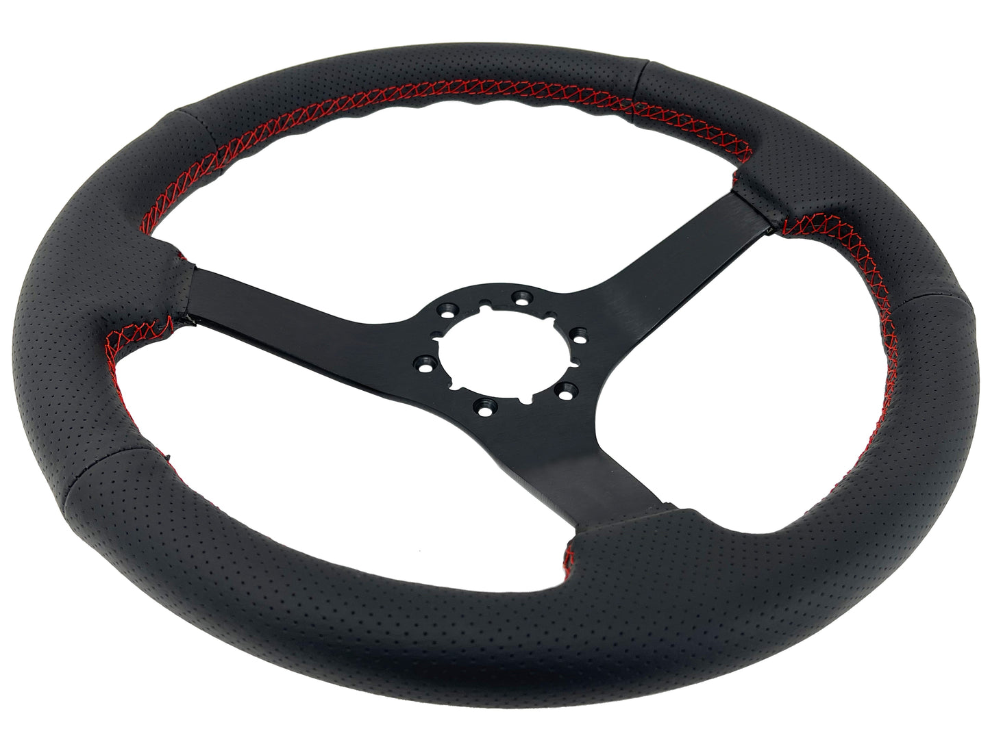 VSW 14" Black Perforated Leather Steering Wheel with Red Stitch, 6-Bolt Black Spokes ST3602RED