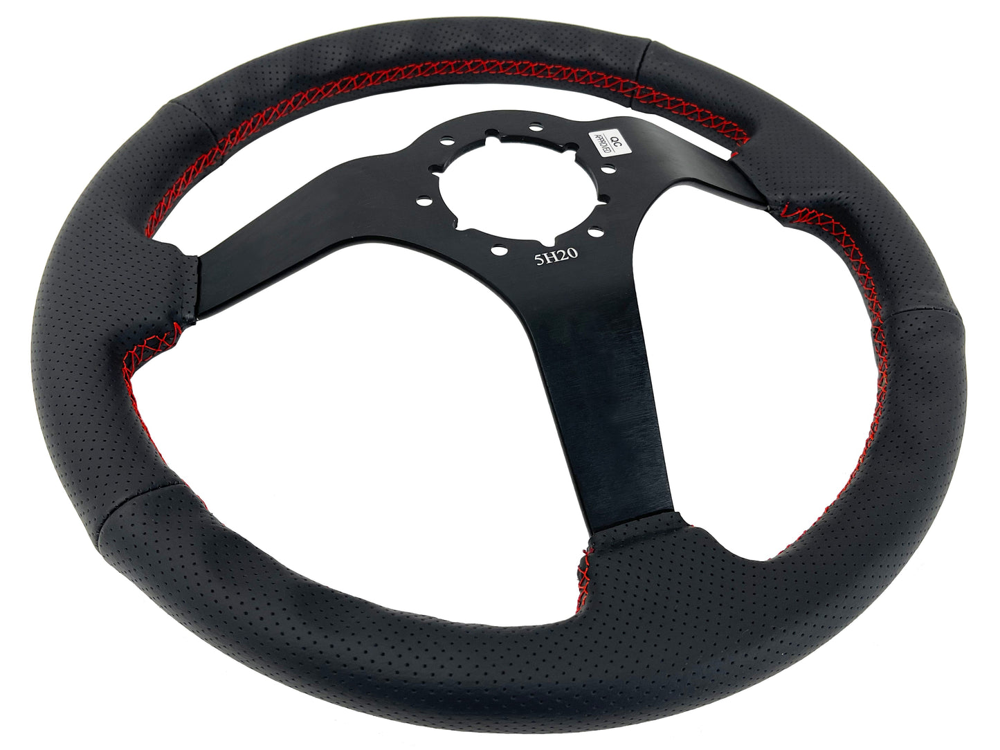 VSW 14" Black Perforated Leather Steering Wheel with Red Stitch, 6-Bolt Black Spokes ST3602RED