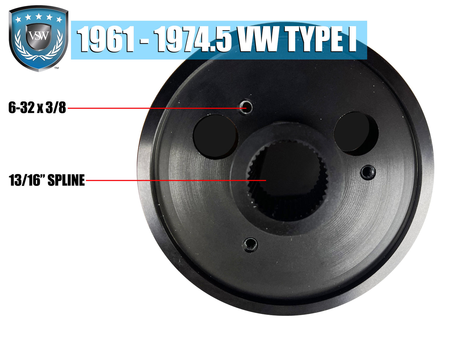 1961-74.5 VW Type I Black 6-Bolt Hub Adapter with 13/16" Spline STH1028BLK