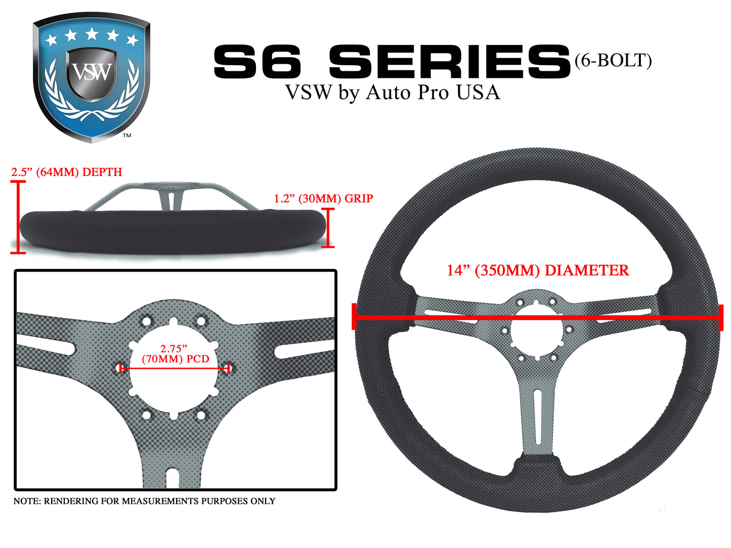VSW 14" Black Leather Steering Wheel, 6-Bolt Chrome Spokes  ST3112BLK