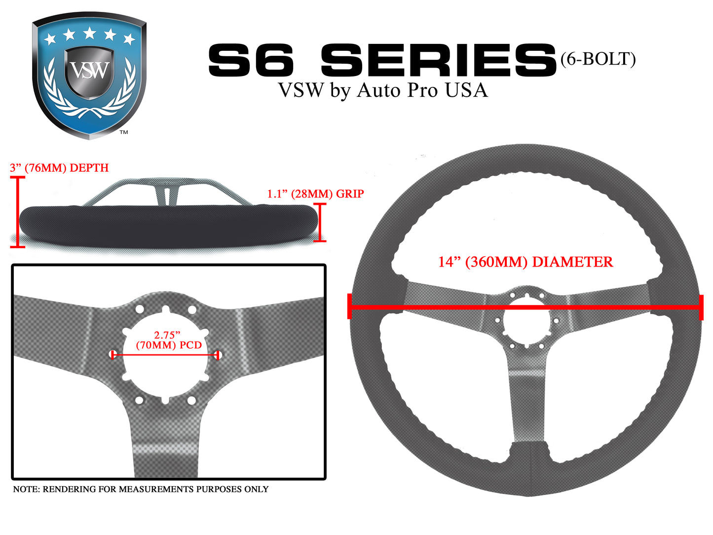 VSW 14" Gray Leather Steering Wheel, 6 Bolt Black Step Spoke ST3029GRY