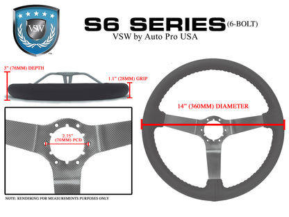 VSW 14" Gray Leather Steering Wheel, 6 Bolt Black Step Spoke ST3029GRY