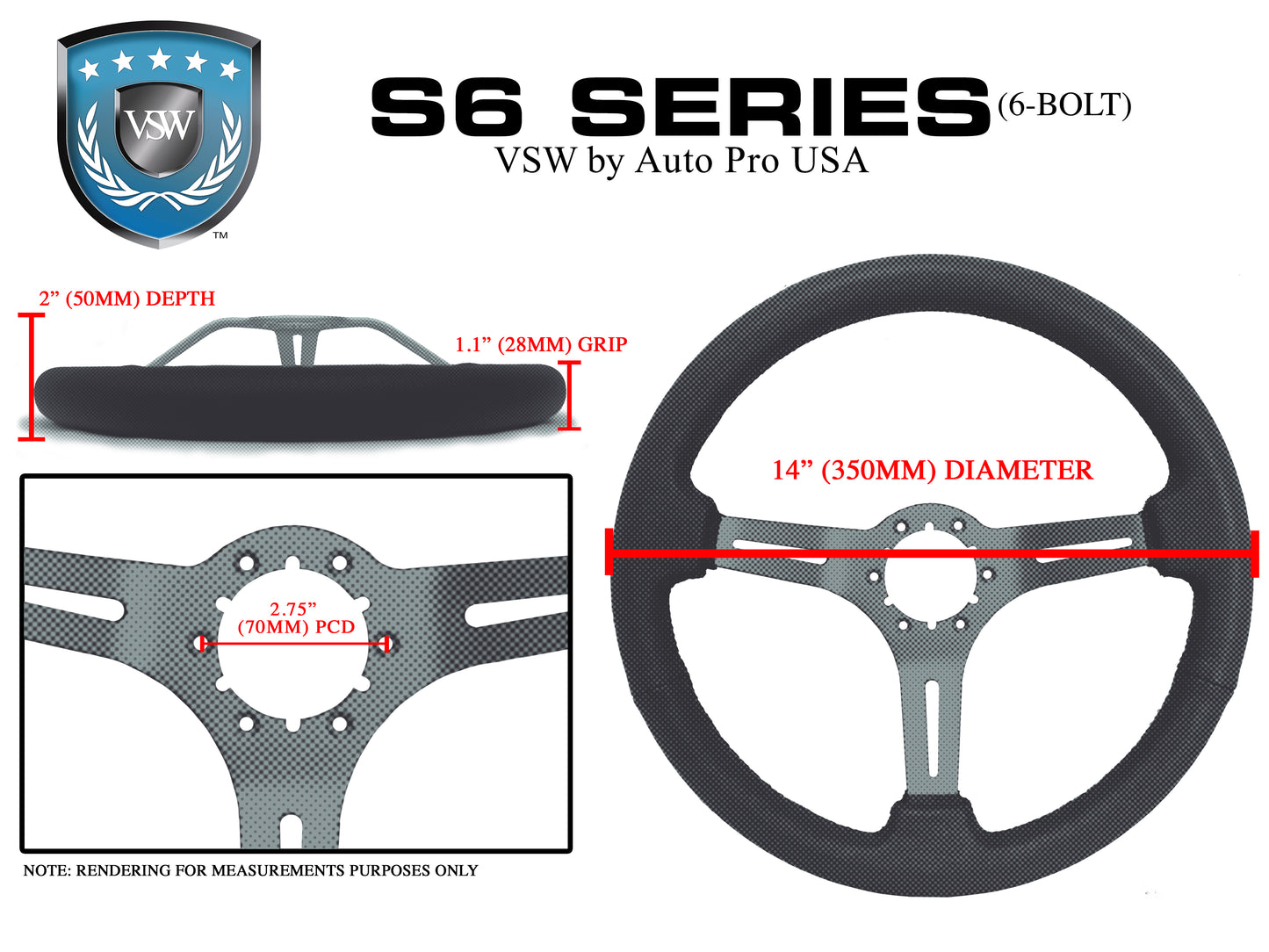 VSW 14" Black Suede Steering Wheel, 6-Bolt Black Spokes ST3582BLK