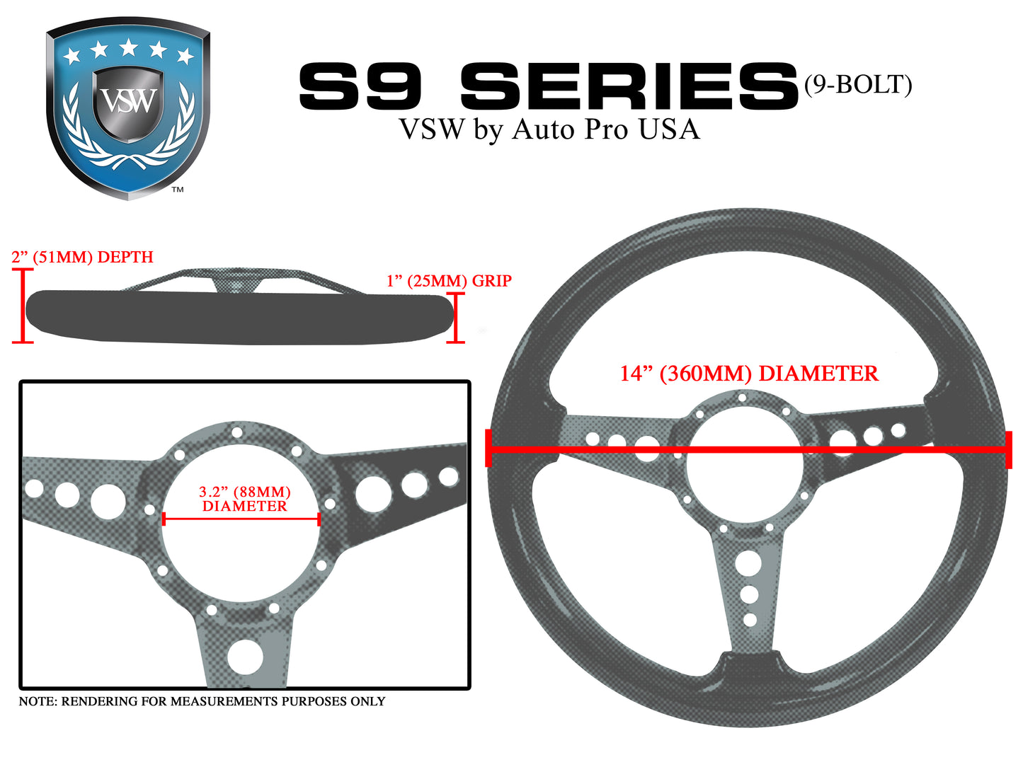 VSW 14" Black Leather Steering Wheel, 9-Bolt Billet Aluminum Spokes ST3088