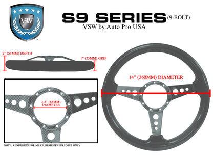 VSW 14" Black Leather Steering Wheel, 9-Bolt Billet Aluminum Spokes ST3070