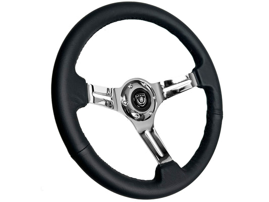 VSW 14" Black Leather Steering Wheel, 6-Bolt Chrome Spokes ST3012BLK