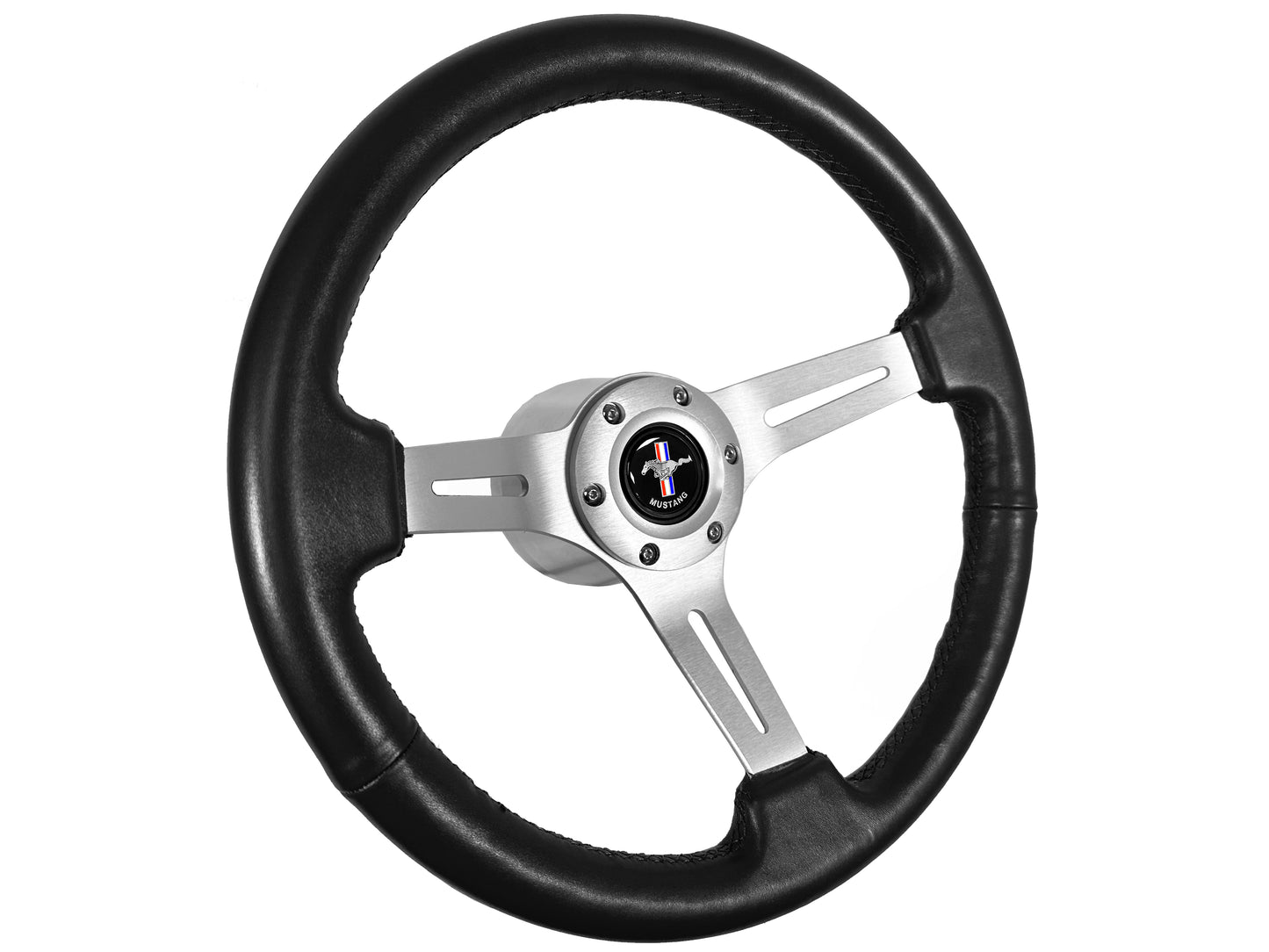Ford Mustang 14" Black Leather Steering Wheel 6-Bolt, Brushed Aluminum