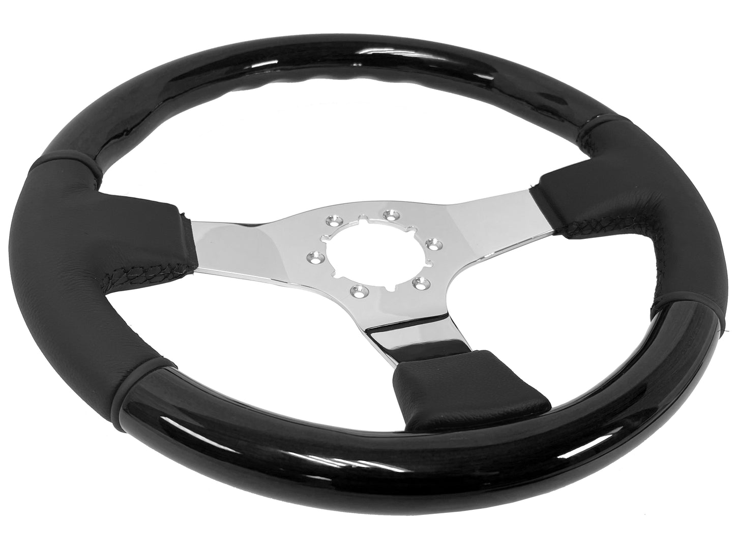 VSW 14" Black Ash Wood / Leather Steering Wheel, 6 Bolt Chrome Spokes ST3019