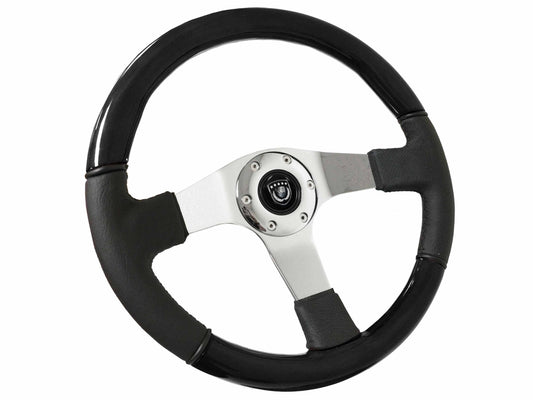 VSW 14" Black Ash Wood / Leather Steering Wheel, 6 Bolt Chrome Spokes ST3019