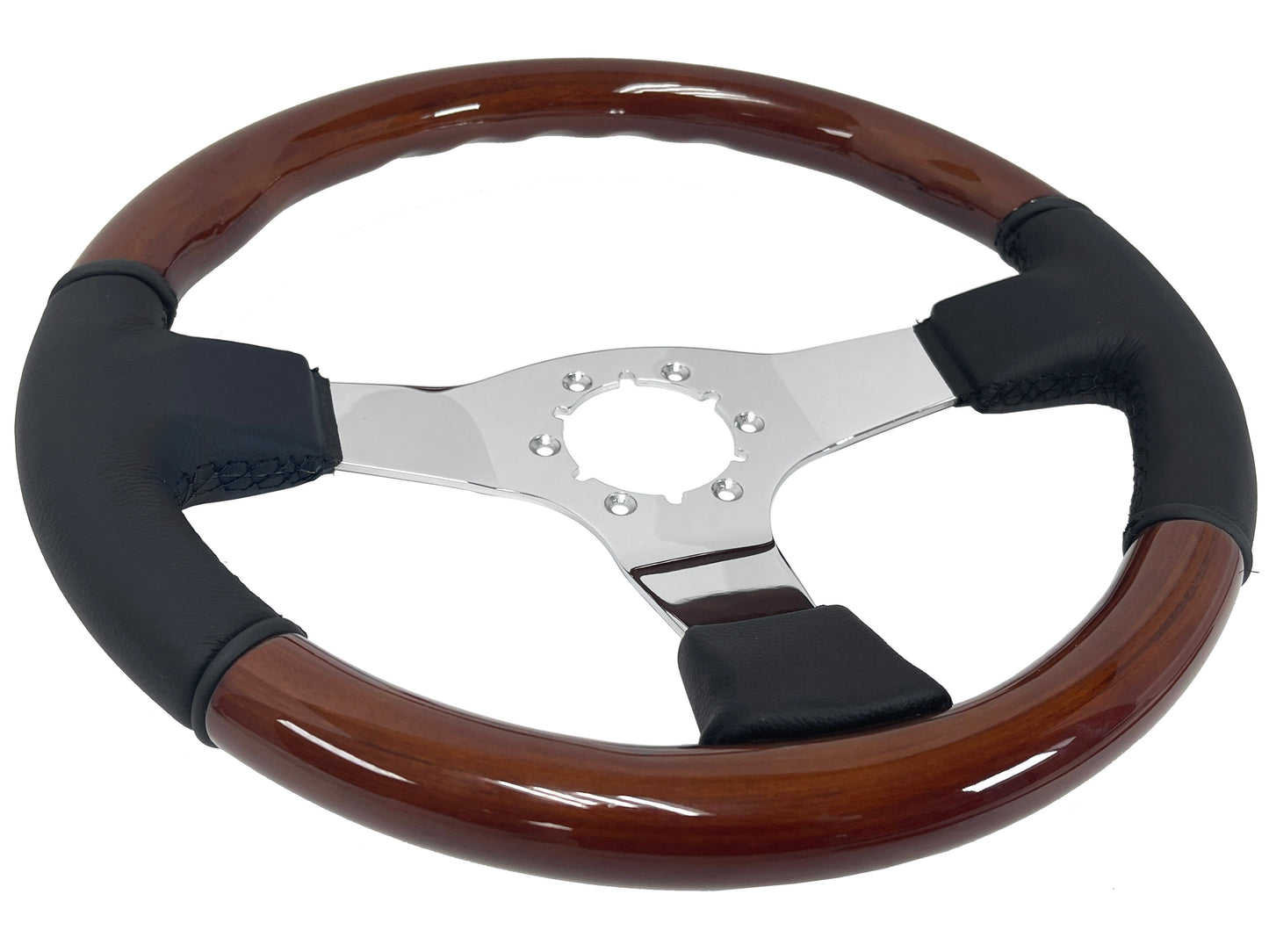 VSW 14" Mahogany / Leather Steering Wheel, 6 Bolt Chrome Spokes ST3019