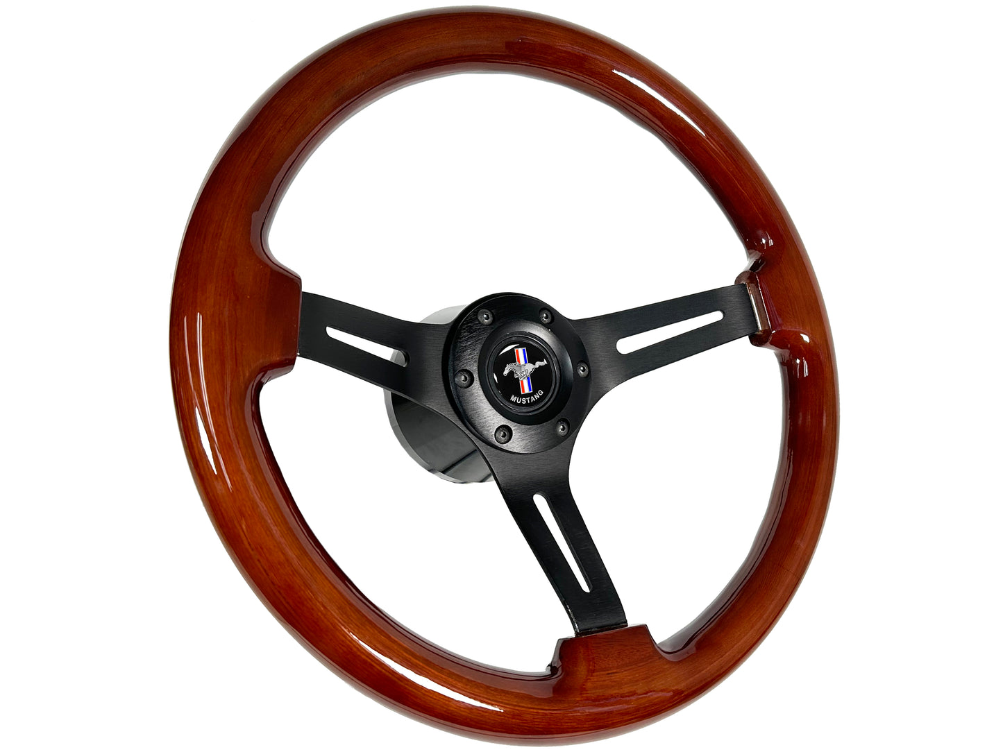 Ford Mustang 14" Mahogany Wood Steering Wheel 6-Bolt, Black Aluminum