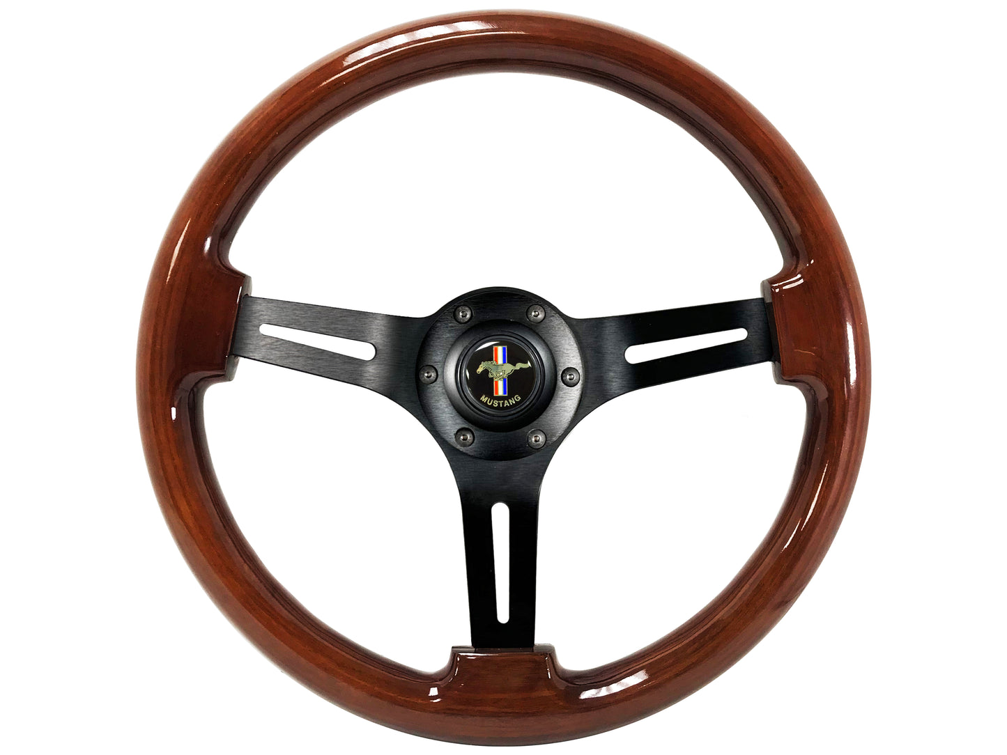 Ford Mustang 14" Mahogany Wood Steering Wheel 6-Bolt, Black Aluminum