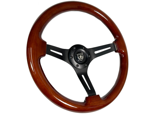VSW 14" Mahogany Wood Steering Wheel, 6 Bolt Black Spokes ST3027