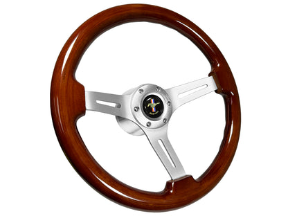Ford Mustang 14" Mahogany Wood Steering Wheel 6-Bolt, Brushed Aluminum