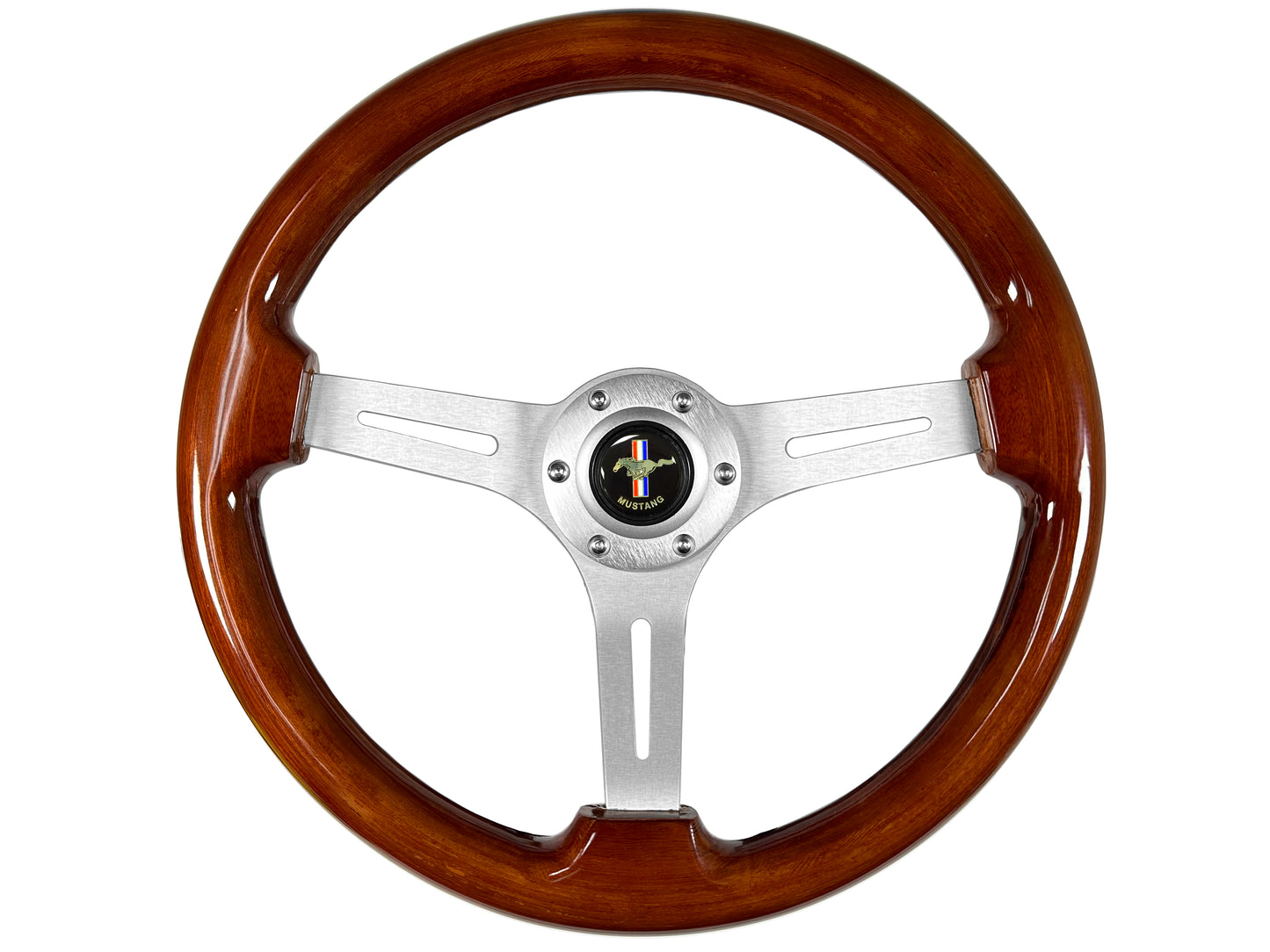 Ford Mustang 14" Mahogany Wood Steering Wheel 6-Bolt, Brushed Aluminum
